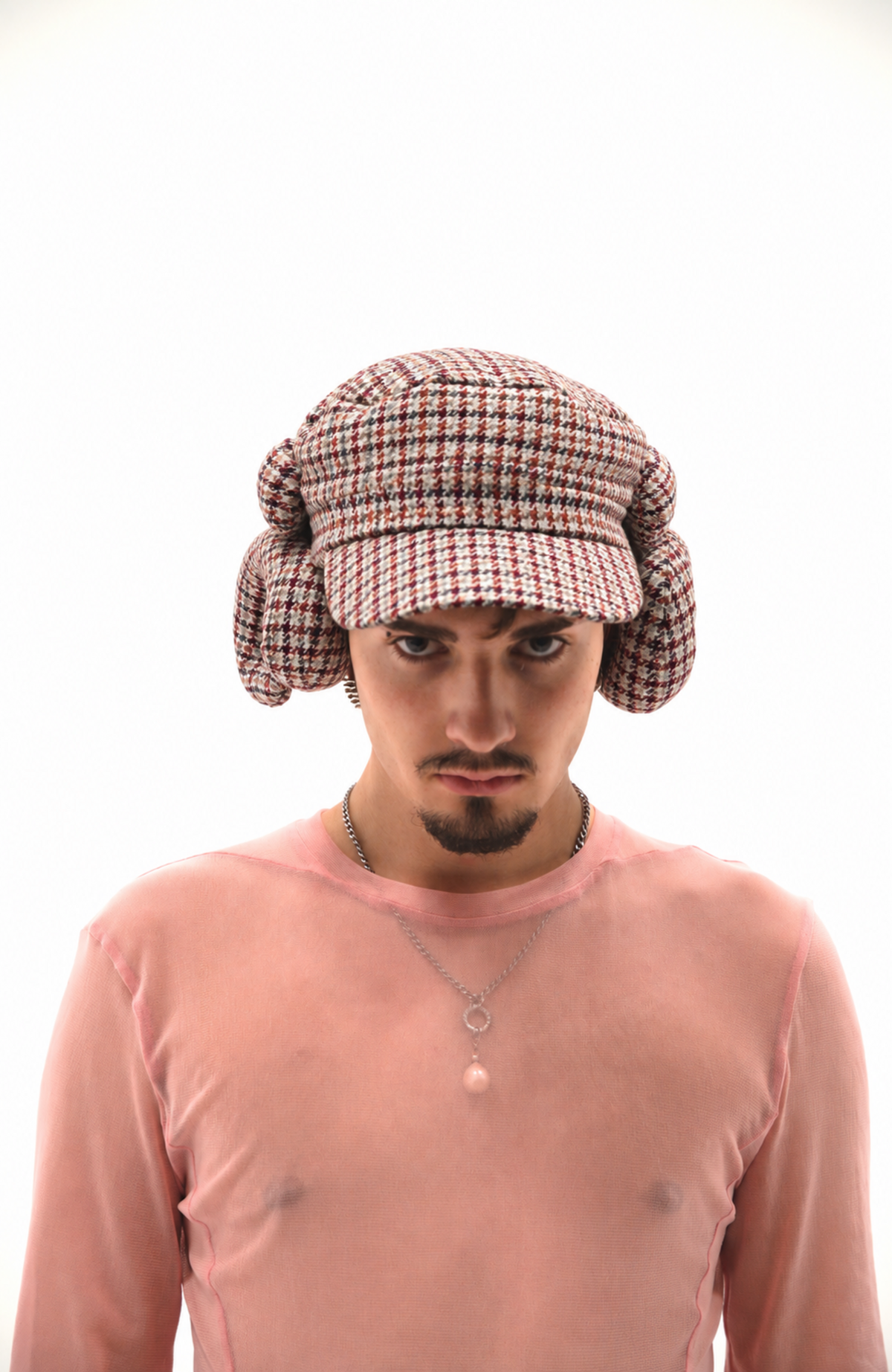 Castaneda horned hat in ivory, burgundy, rust and charcoal houndstooth