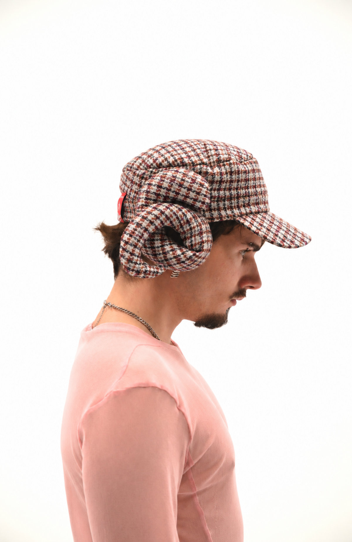Castaneda horned hat in ivory, burgundy, rust and charcoal houndstooth